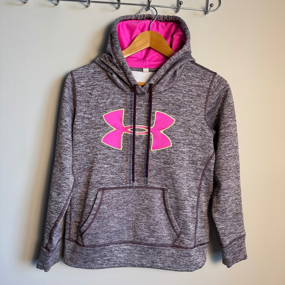 Under Armour Girls Pink Logo Fleece Hoodie Sweatshirt Maroon Athleisure Casual